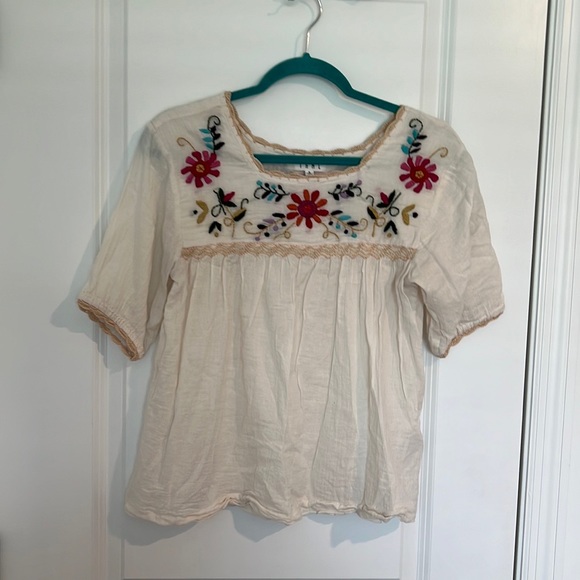 THML Tops - THML Boho floral Embroidered Short Sleeve Peasant Top 100% cotton